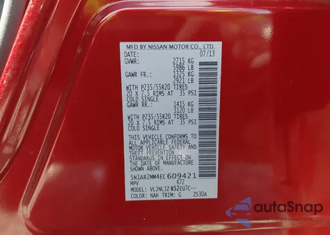 2014 Nissan Pathfinder Platinum z USA, uszkodzony, nr VIN 5N1AR2MM4EC609421